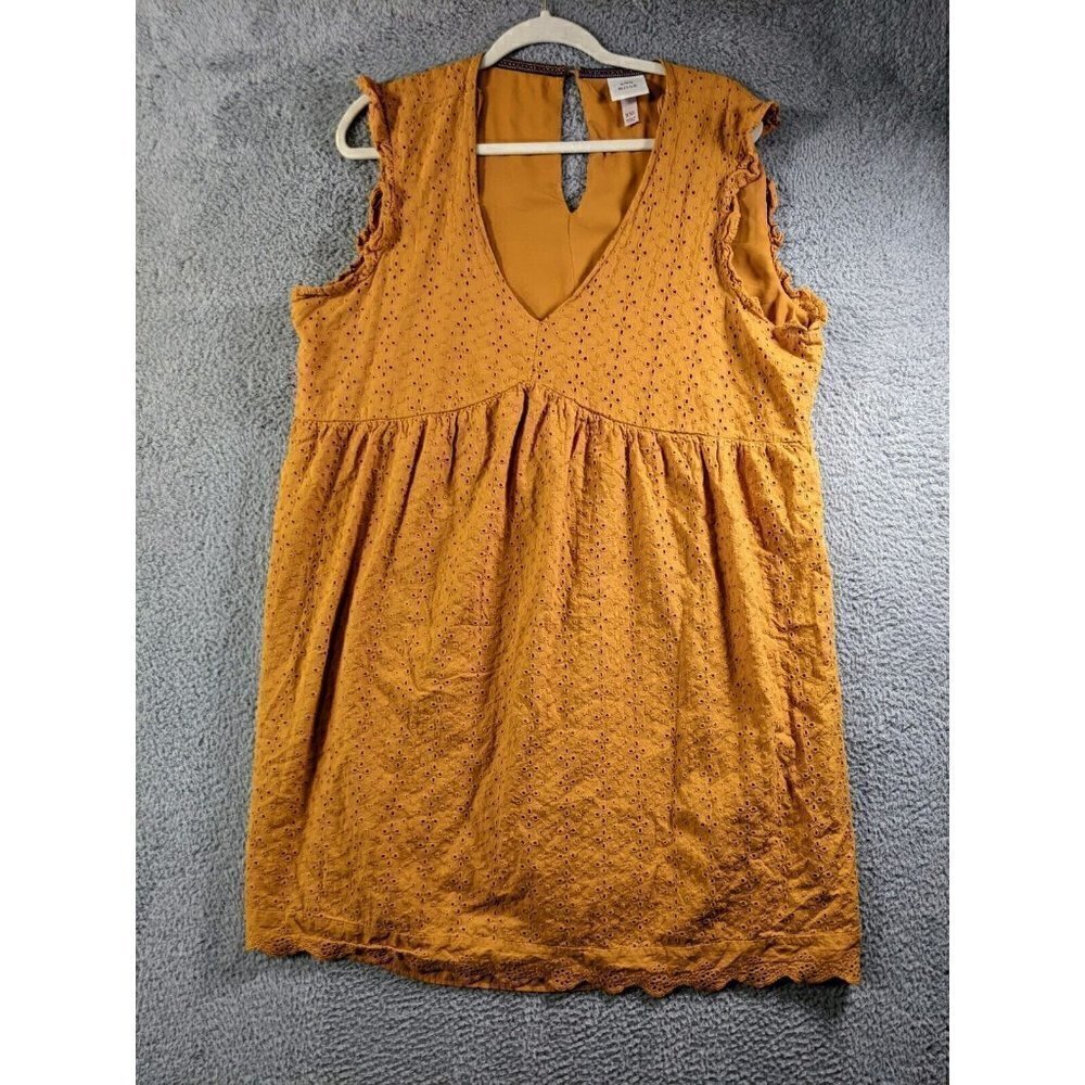 Knox Rose Dress Women XXL Mini Ruffle Sleeve Eyelet V Neck Cotton Mustard Yellow - Picture 1 of 13